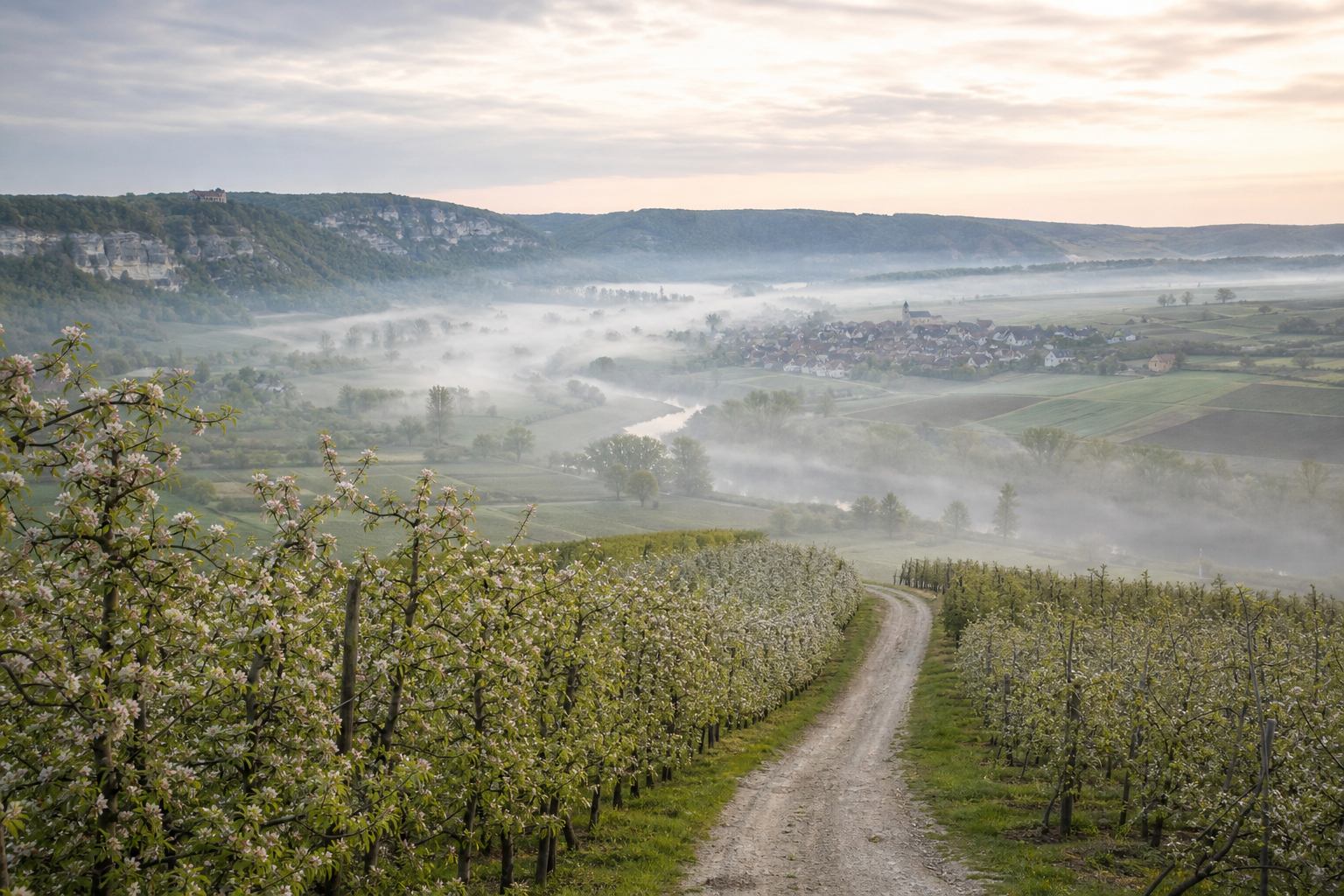 Blühende Obsttäler und helle Hügel im Morgenlicht