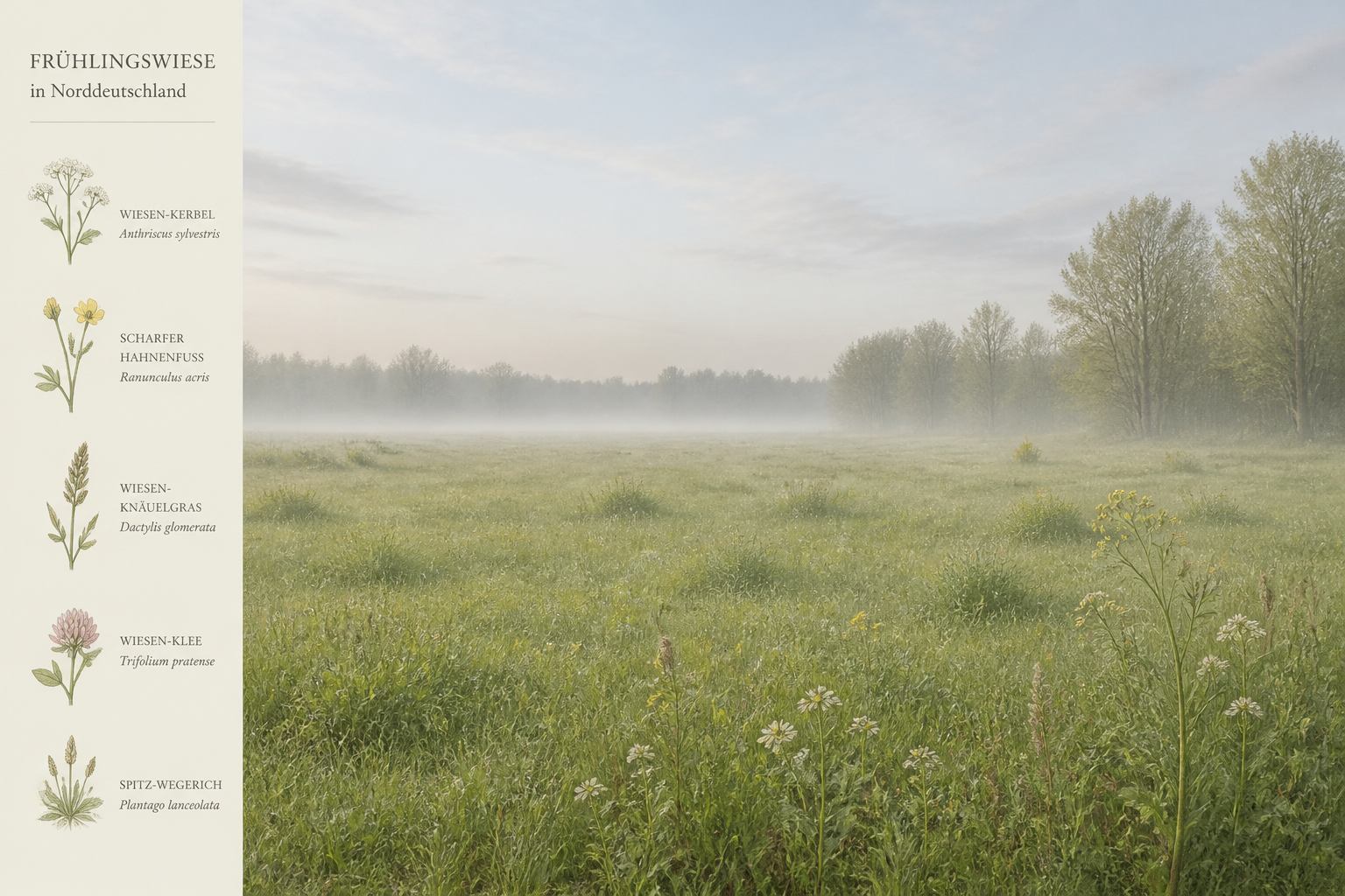 Junge Wiese mit Morgennebel und weitem Horizont